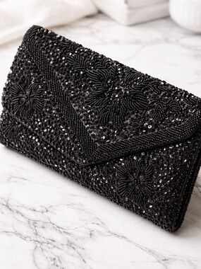 Black Beaded Clutch Evening Bag Vintage Style Sequin Floral Handbag